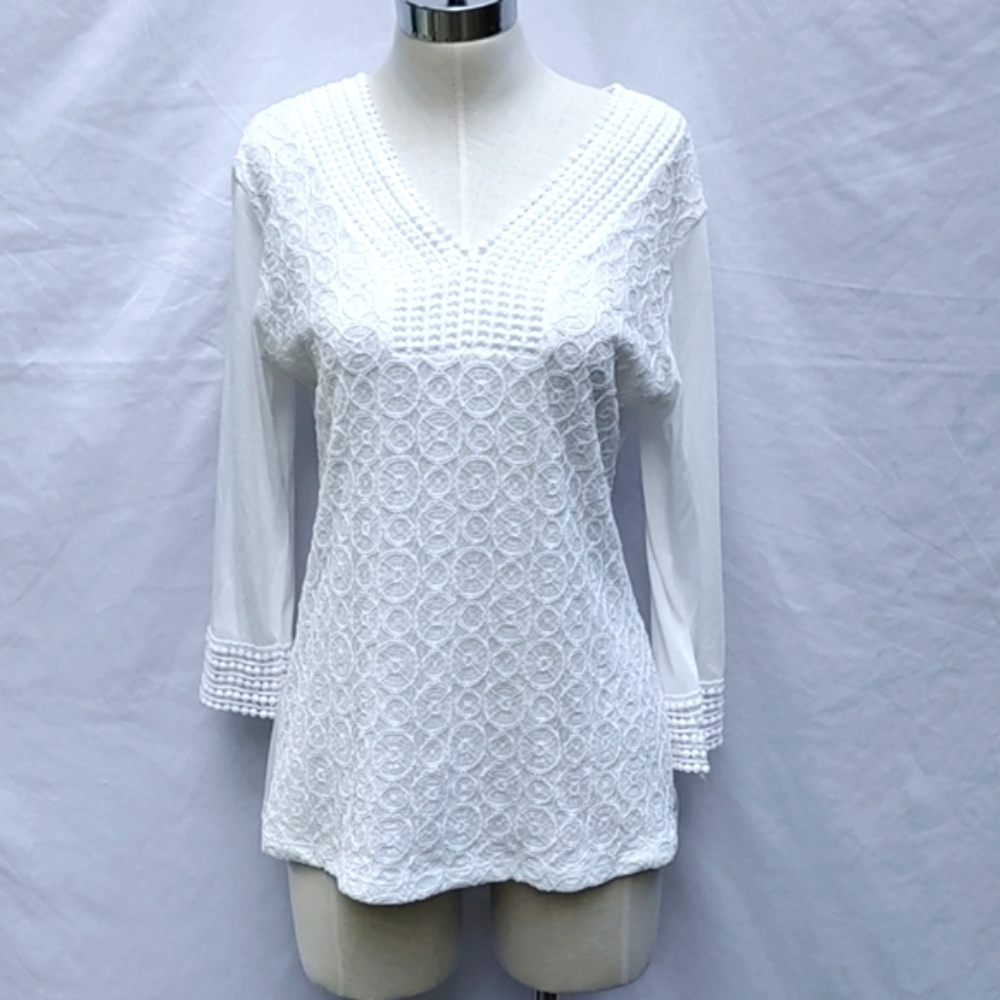 Ladies Shannon Ford NY white lace top, sz L, 3/4 sleeve, cotton blend